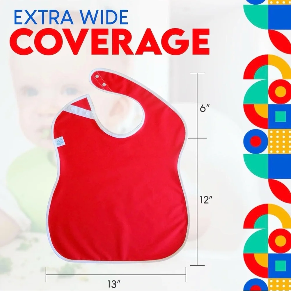 5 Pack Waterproof Baby Bib Set Snap Closure Wipe Clean Red Blue Green